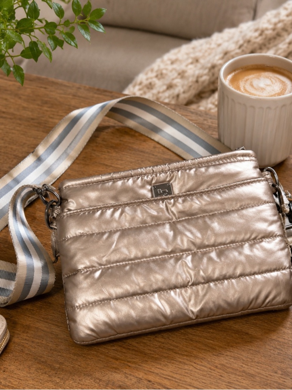 THINK ROYLN Quilted Metallic Crossbody in Champagne Gold with Striped Strap